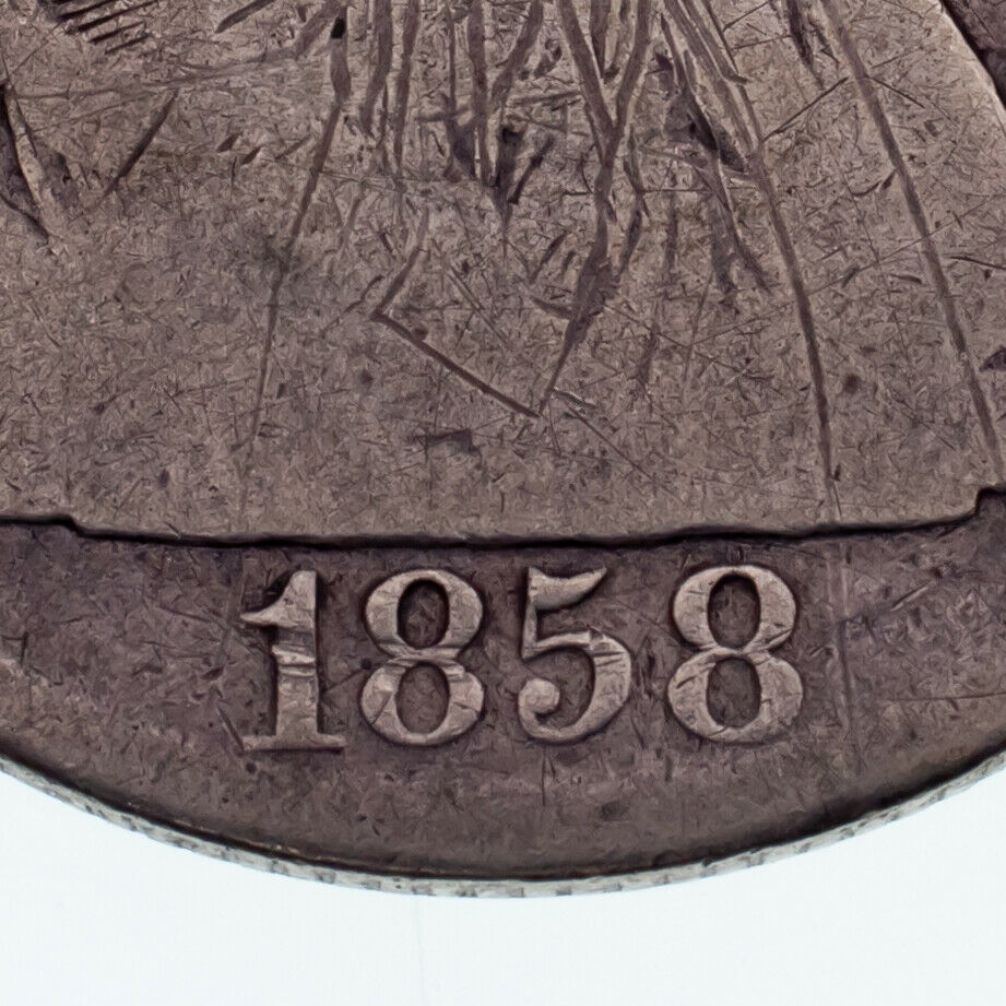 1858-O Seated Half Dollar 50C in Good Condition, Natural Color, Has Full Rims