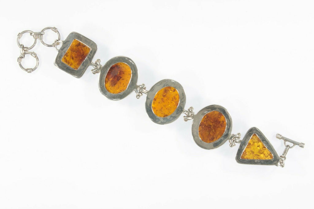 Wide Five Stone Amber Statement Piece Sterling Silver Toggle Bracelet!