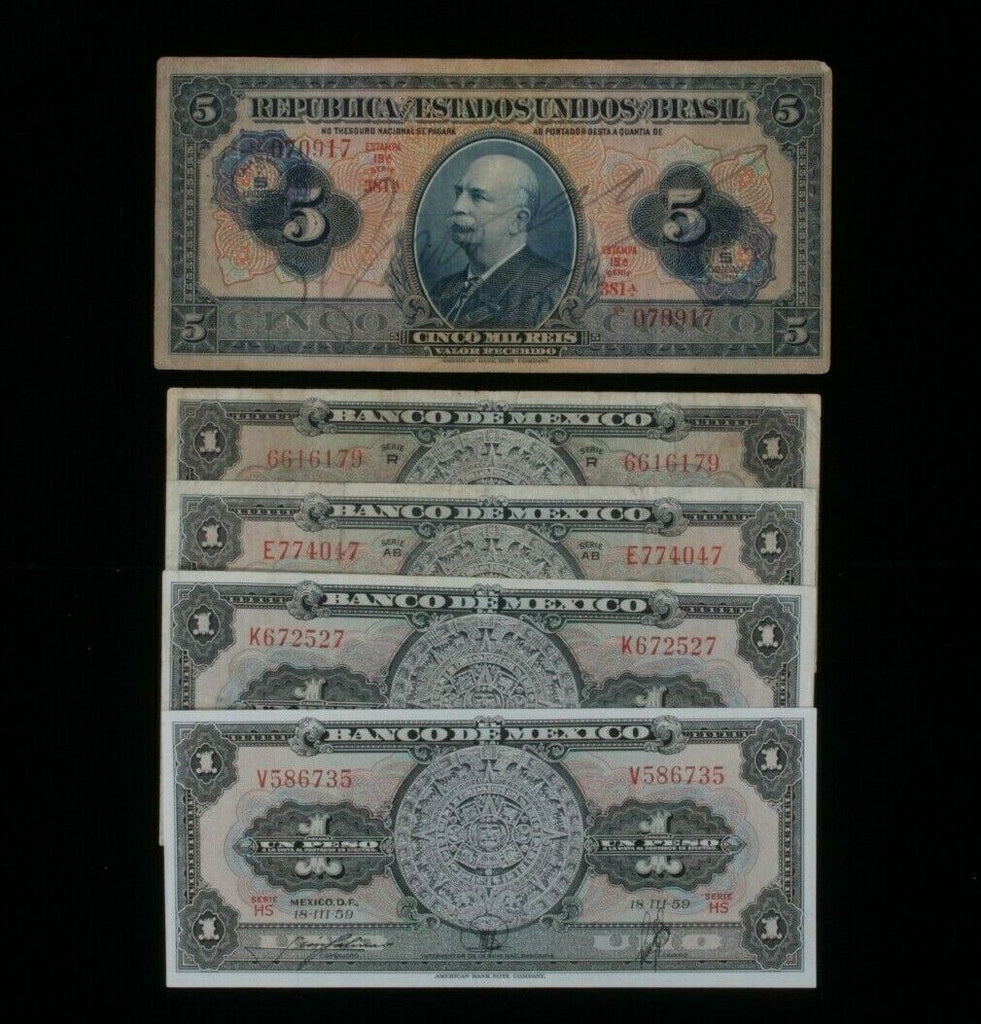 1942-1959 Brazil & Mexico 5-Notes Currency Lot // Cruzeiros & Pesos