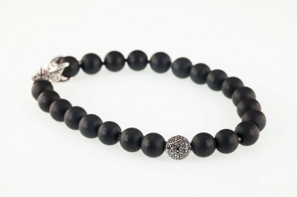 David Yurman Onyx Spiritual Bead Bracelet on Silver Chain w/ Black Diamond Bead