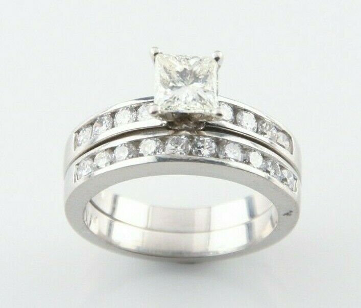 Platinum Two-Ring Diamond Wedding Set w/ 0.70 ct Princess Cut Solitiare Size 4