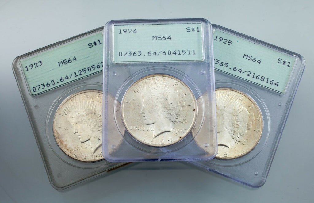 Lot of 3 PCGS Peace Dollars 1923-1925 OGH MS64 Great Lot!