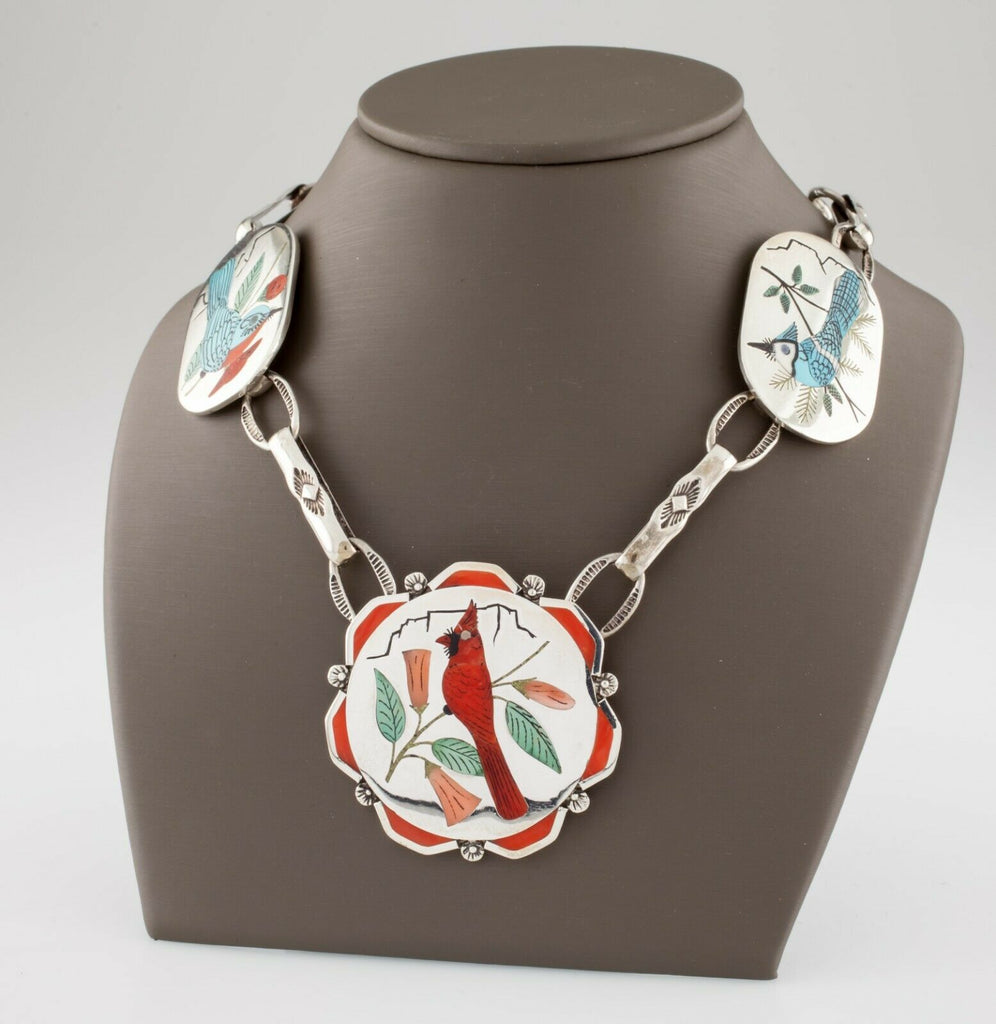 Vintage Harlan & Monica Coonsis Zuni Turquoise & Coral Bird Sterling Necklace