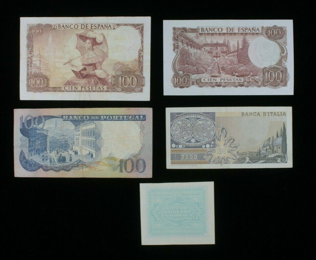 Southern Europe 5-Notes Lot // Spain Peseta, Portugal Escudo & Italy Lira
