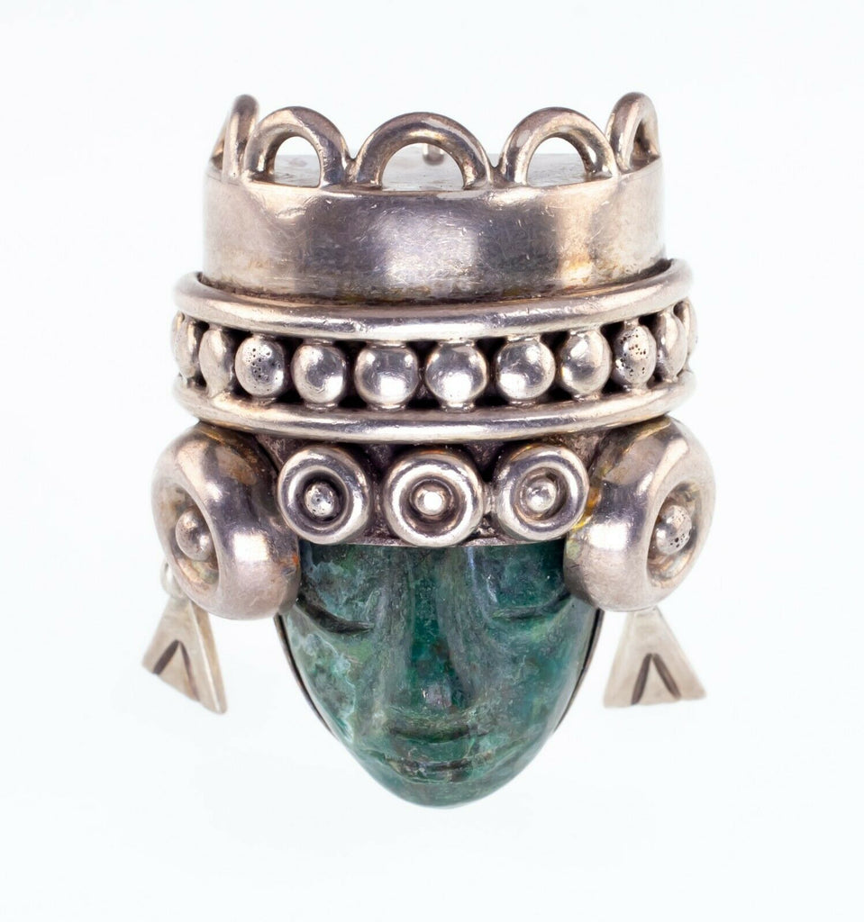 Green Calcite Aztec Mask Figure Brooch By Los Ballesteros Taxco Mexico