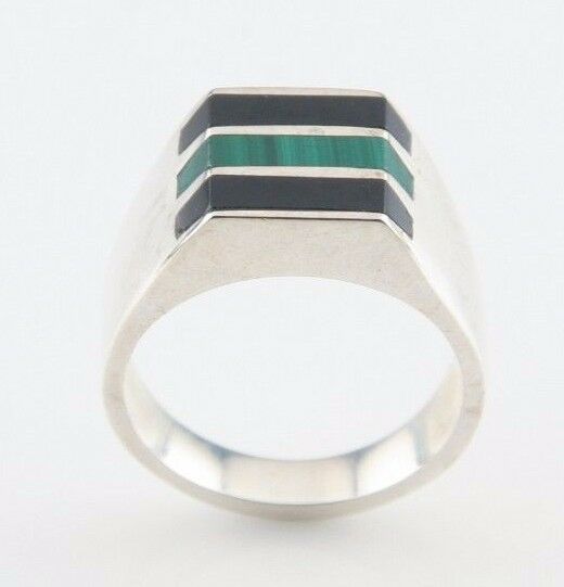 Vintage Mexican Sterling Silver Ring with Malachite & Onyx (Size 11) Taxco TF-83