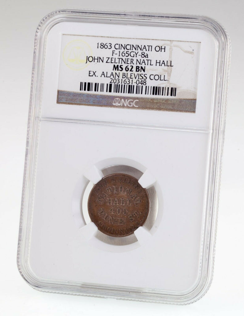 1863 Cincinnati OH John Zeltner Nat'l Hall Token NGC MS-62 BN F-165GY-8a