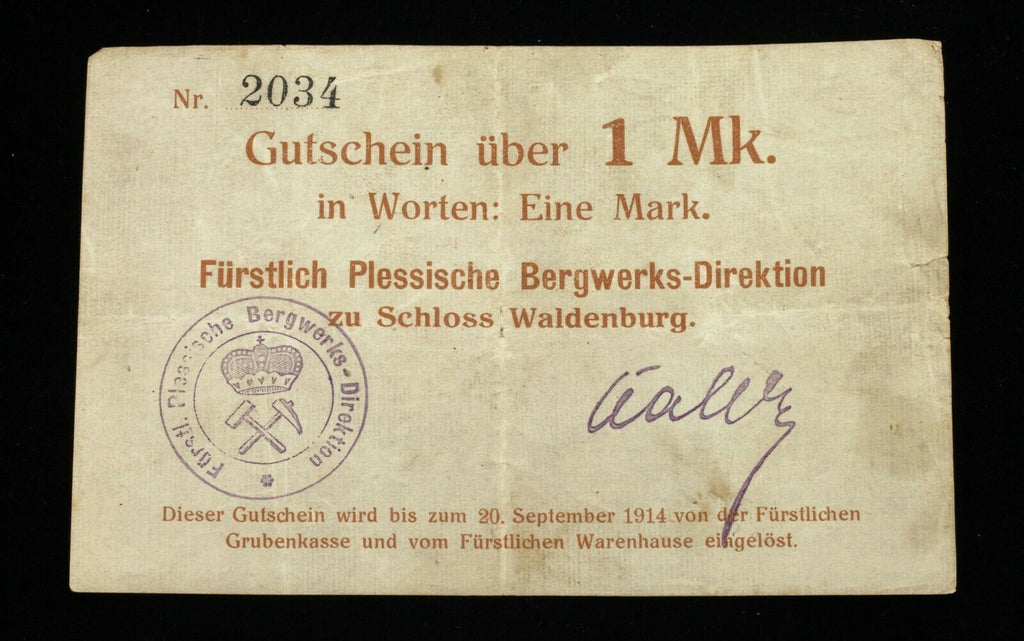 1914 Waldenburg 4pc Notgeld Set // WWI Germany 1/2, 1, 5 Mark & 10 Pfennig