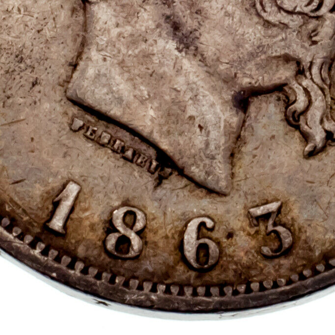 1863 Italy 2 Lire Silver Coin in VF Condition KM #16.1