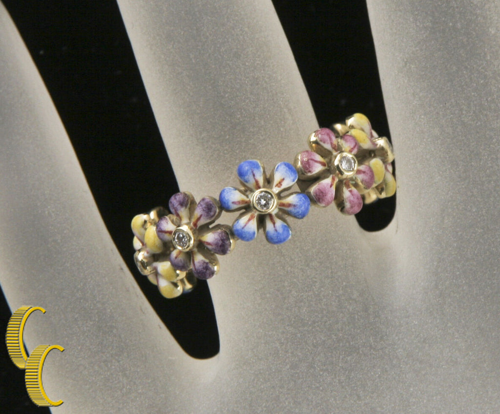 SJS Daisy Diamond 14k Yellow Gold & Hand-Painted Enamel Ring Size 6