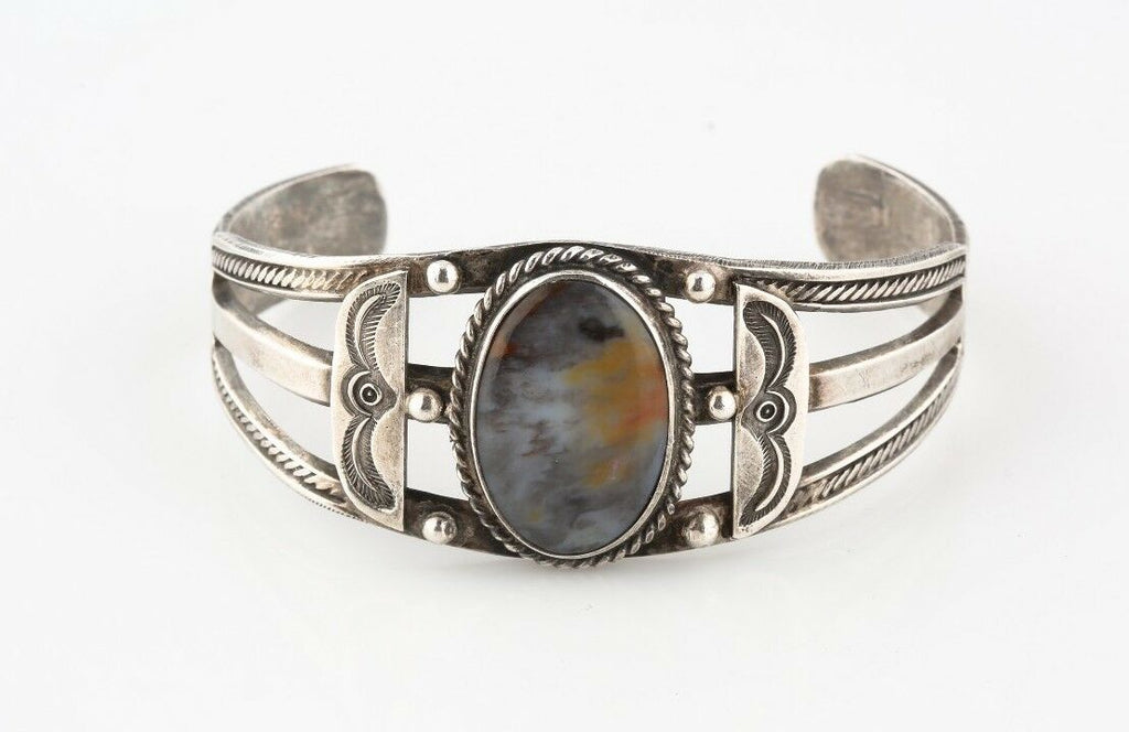 Vintage Navajo Sterling Silver Cuff Bracelet Petrified Wood Size Adjustable