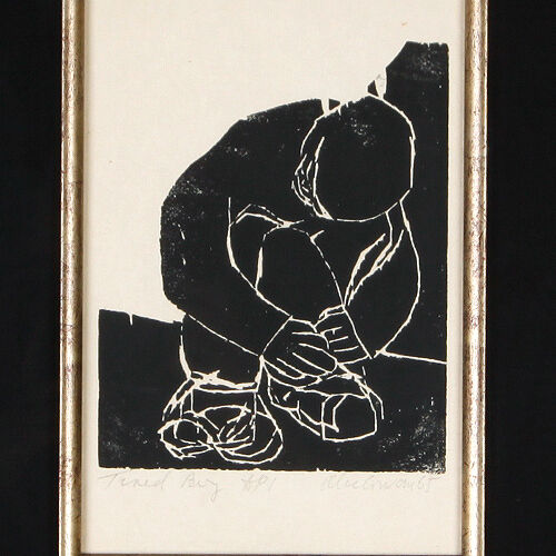"Tired Boy" by Alec Cohan Framed Linoleum Print Artist's Proof 24" x 19"