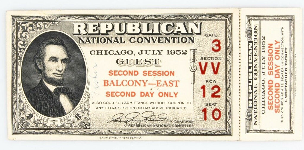 Lot of 2 1952 Republican National Convention Tickets (1 Unripped), AU Condition