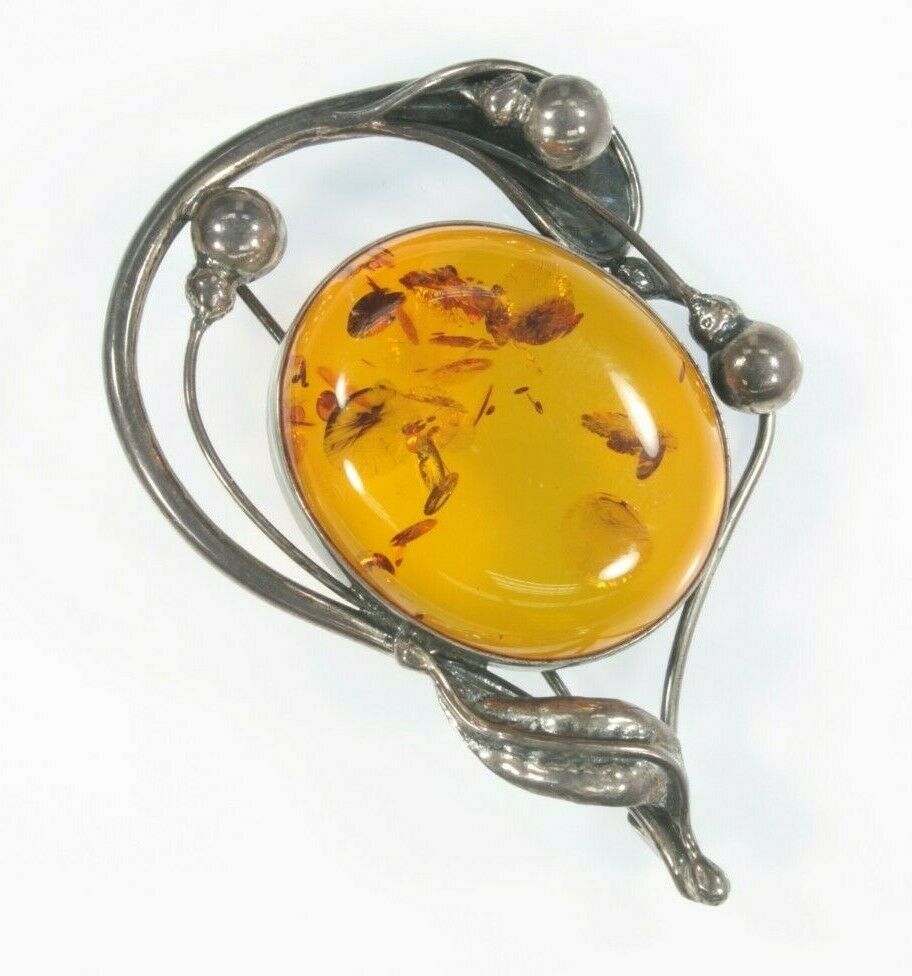 Vintage Sterling Silver Amber and Flower Brooch Pin 24.1g