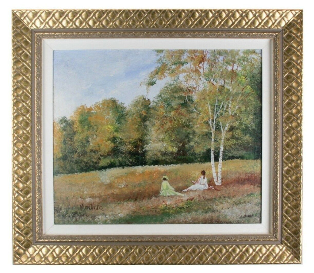 "Reading in the Park" by Montrec, Oil on Canvas, 20" x 24" Framed 1970