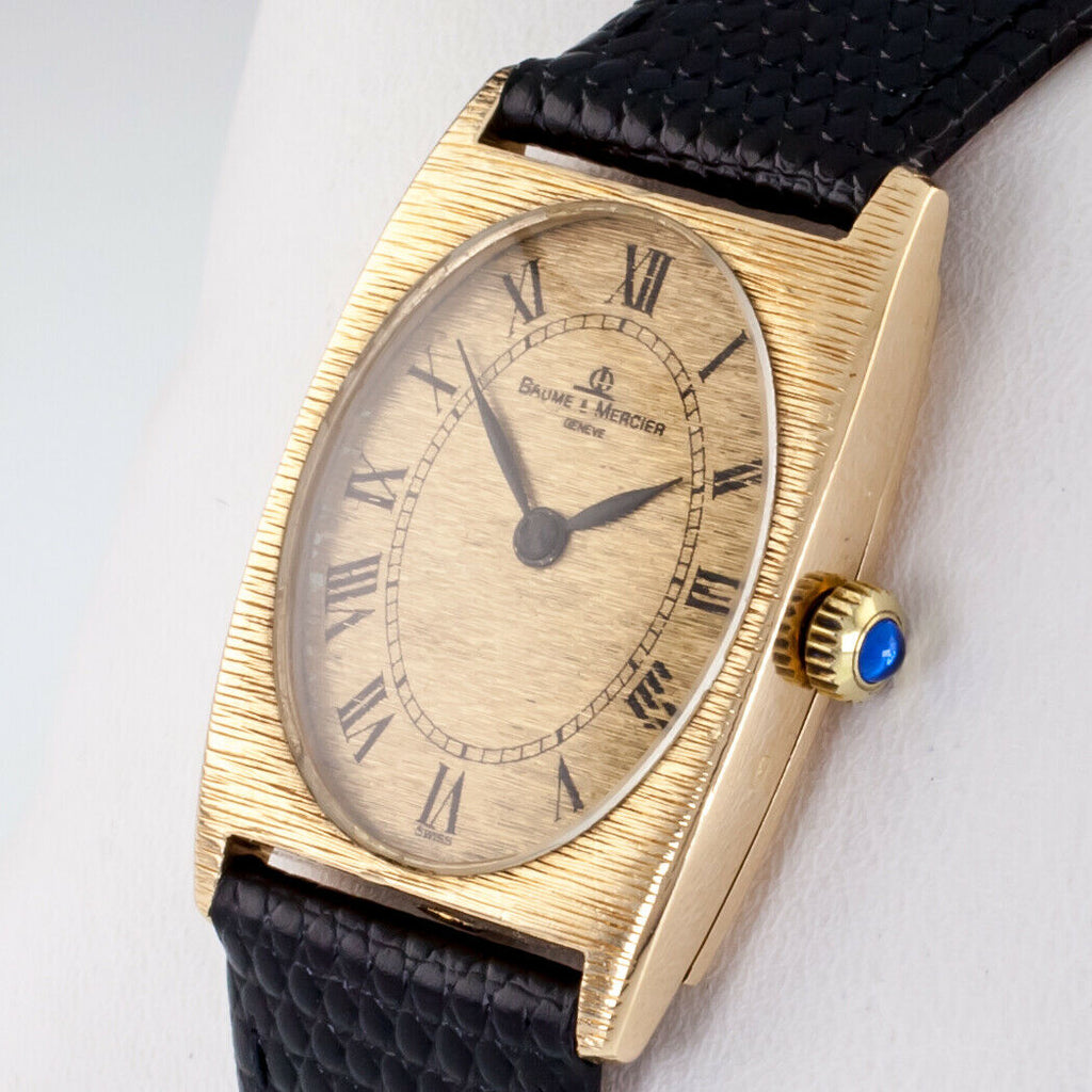 Baume & Mercier 18k Yellow Gold Tonneau Hand-Winding Watch w/ Black Leather Band