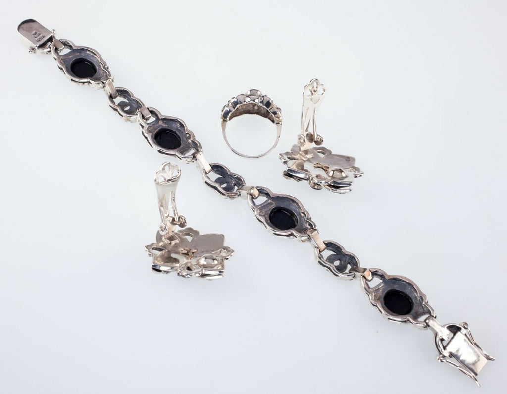 Gorgeous Sterling Silver Onyx and Hematite Jewelry Set Bracelet, Earrings, Ring