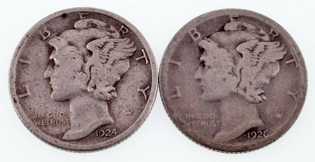 Lot of 2 Mercury Dimes (1924-S and 1926-S) in F - VF Condition, Natural Color
