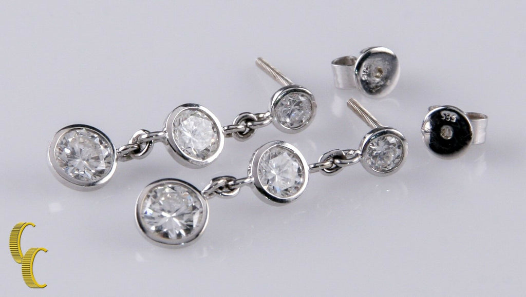 3-Stone Diamond Bezel Set 1.80 carat 14k White Gold Drop Dangle Earrings