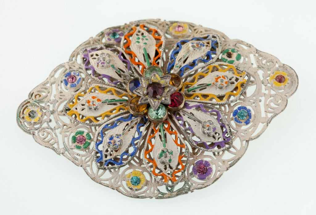 Gorgeous, Unique Sterling Silver Hand-Painted Filigree Rhinestone Brooch