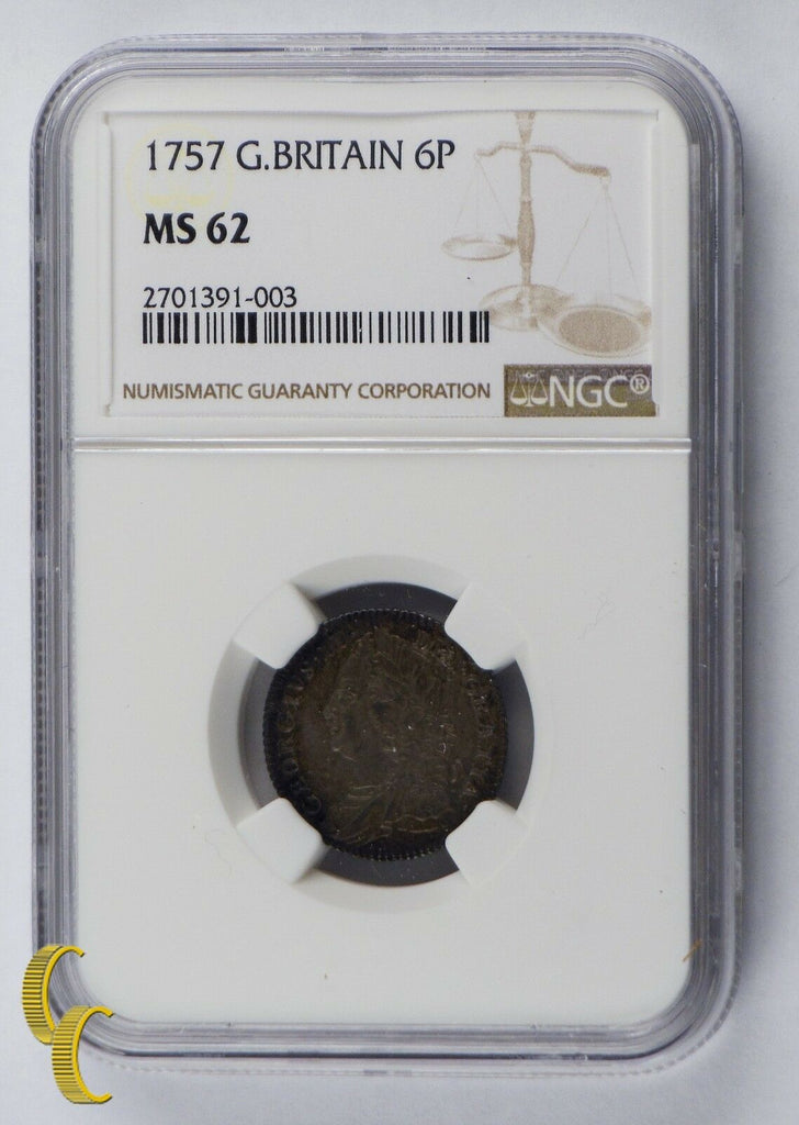 1757 Great Britain 6 Pence in MS 62 By NGC 6P Silver Coin KM-582.2