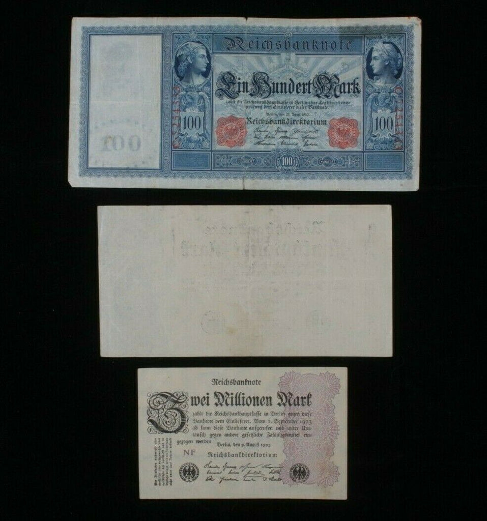 1910-1923 Germany 3-Note // German Empire 100 Mark & Weimar 500 & 2 Million Mark