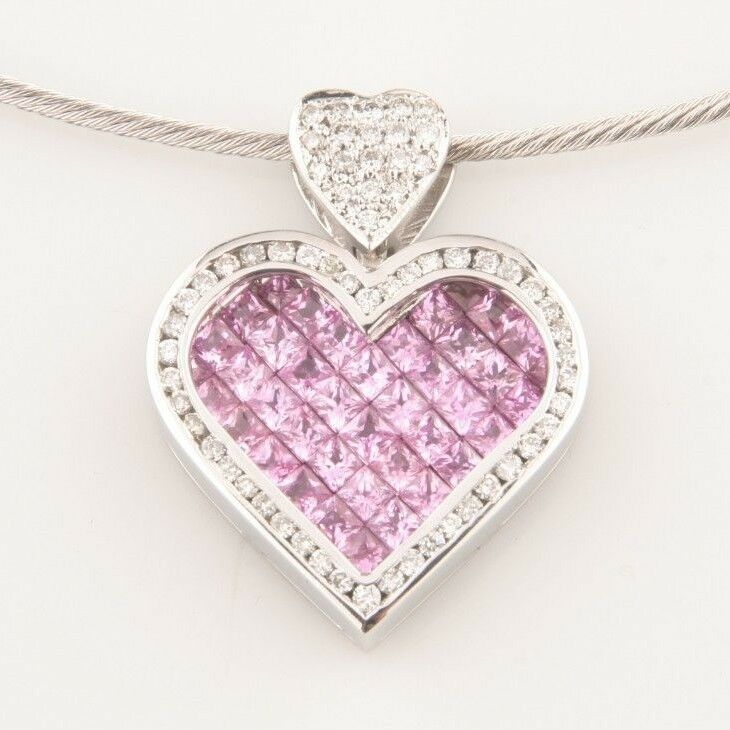Diamond & Pink Sapphire Heart 14k White Gold Pendant w/ Wire Chain