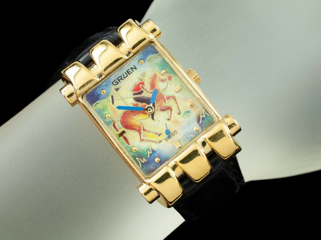 Gruen Gold-Plated Quartz Watch w/ Leather Band "The Polo Player" Nice!