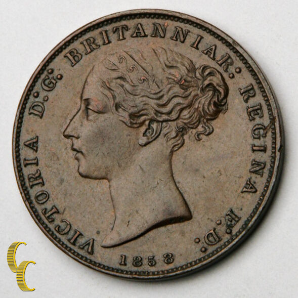 1858 Jersey 1/26 Shilling Copper Coin in AU, KM# 2
