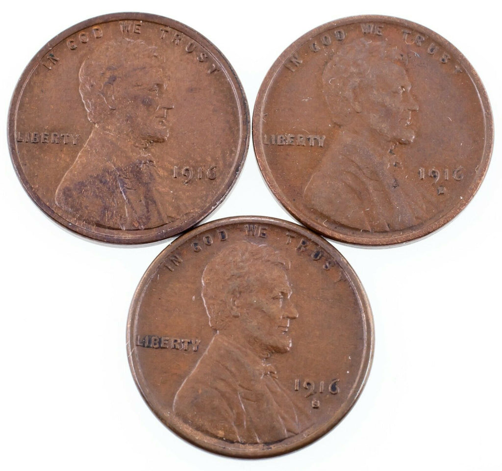 Lot of 3 Lincoln Cents (1916-P/D/S) in XF+ to AU Condition, Brown Color