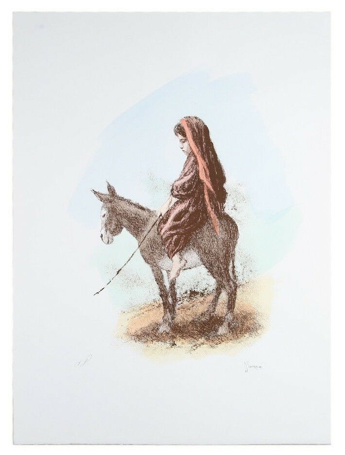 "Girl On The Donkey" By William Weintraub Hand-Colored LE Lithograph 19"x25 1/2"