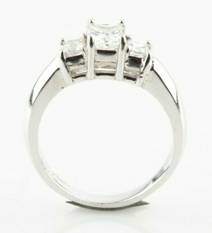 18k White Gold Three-Stone Princess and Emerald Cut Engagement Ring Size 6