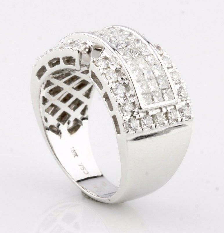 Princess Cut Diamond Invisibly Set 18k White Gold Band Ring Size 6.75