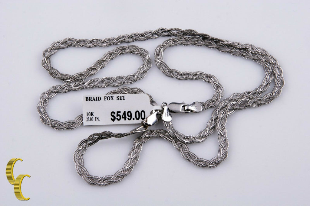 10k White Gold Fox Braid Chain Necklace & Bracelet Jewelry Set