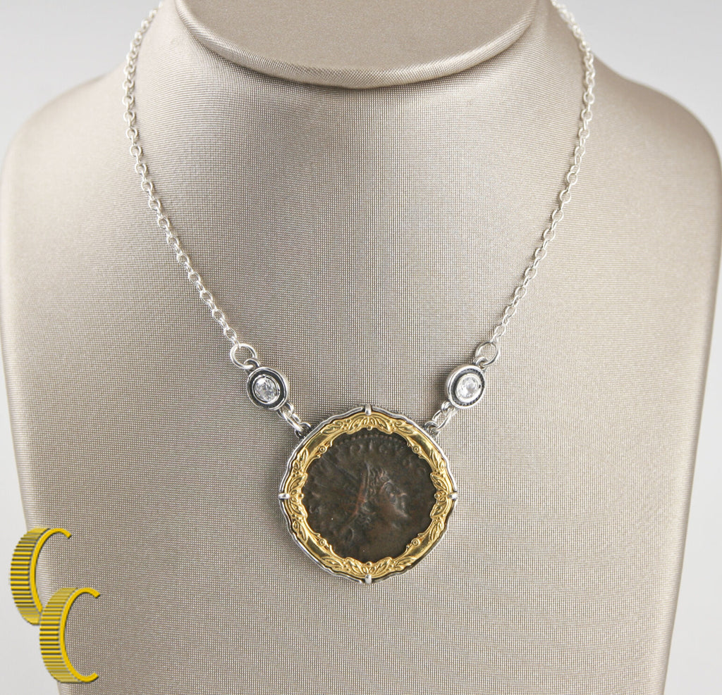 ROMAN COIN IN 2 TONE SILVER BEZEL NECKLACE