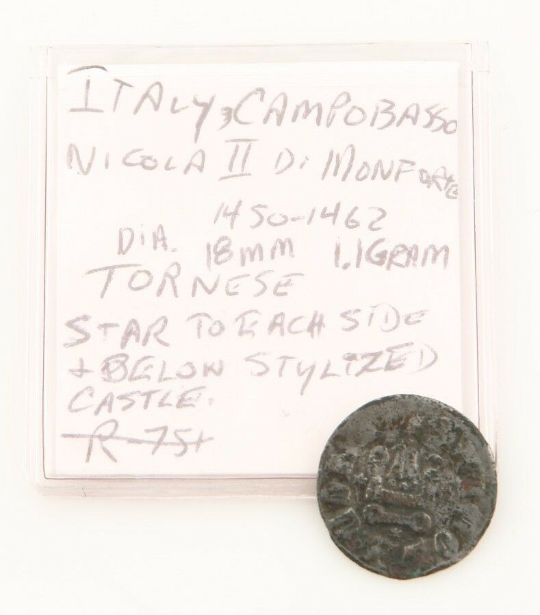 1450-1462 Campobasso Billon Tornese Coin F+ Molise Italy Nicola II di Montforte