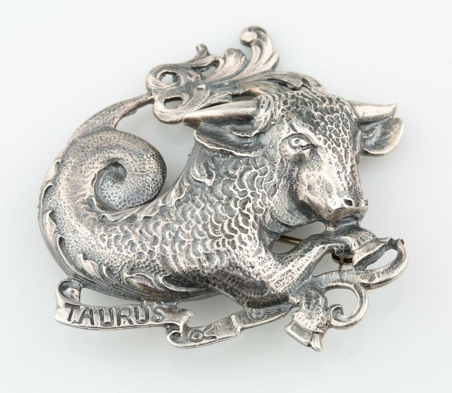Sterling Silver Taurus Brooch by Guglielmo Cini Zodiac Bull Astrology Pin Back