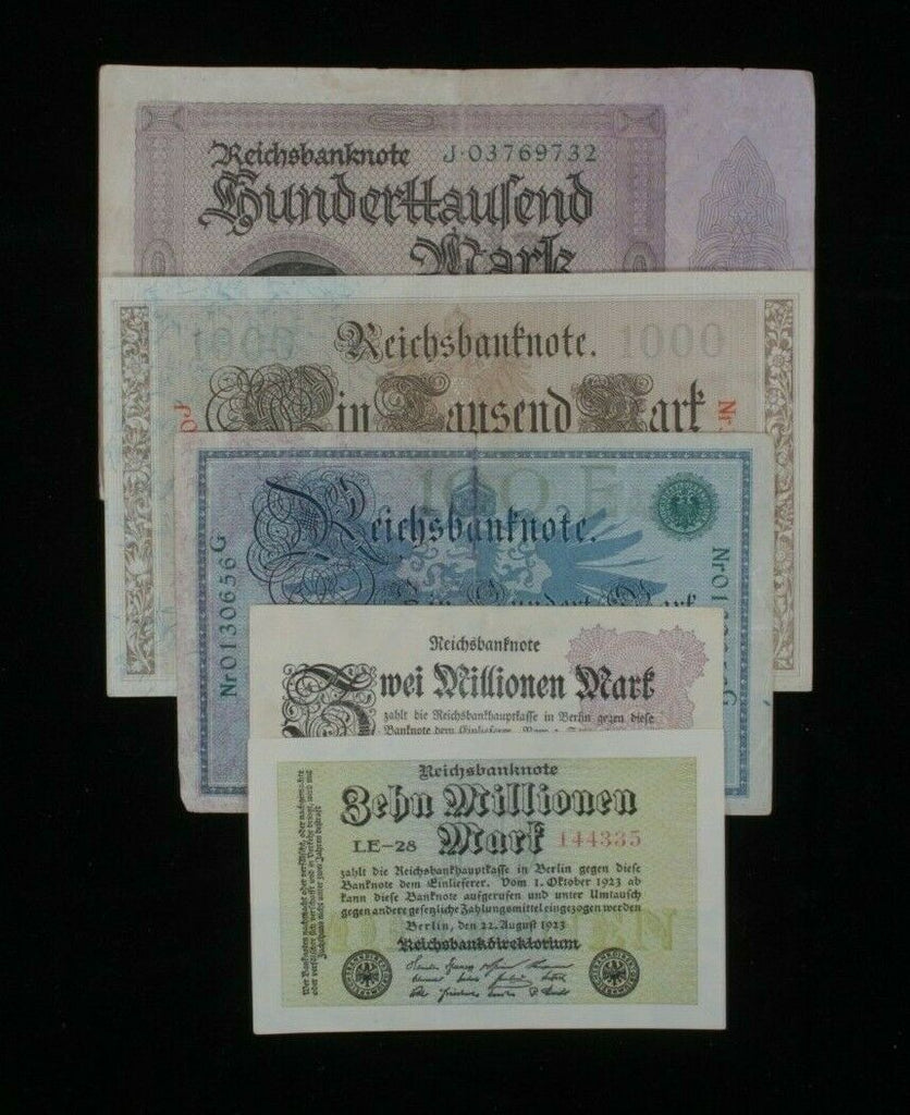 1908-1923 Germany 5-Notes Set // 2 German Empire and 3 Weimar Republic Marks