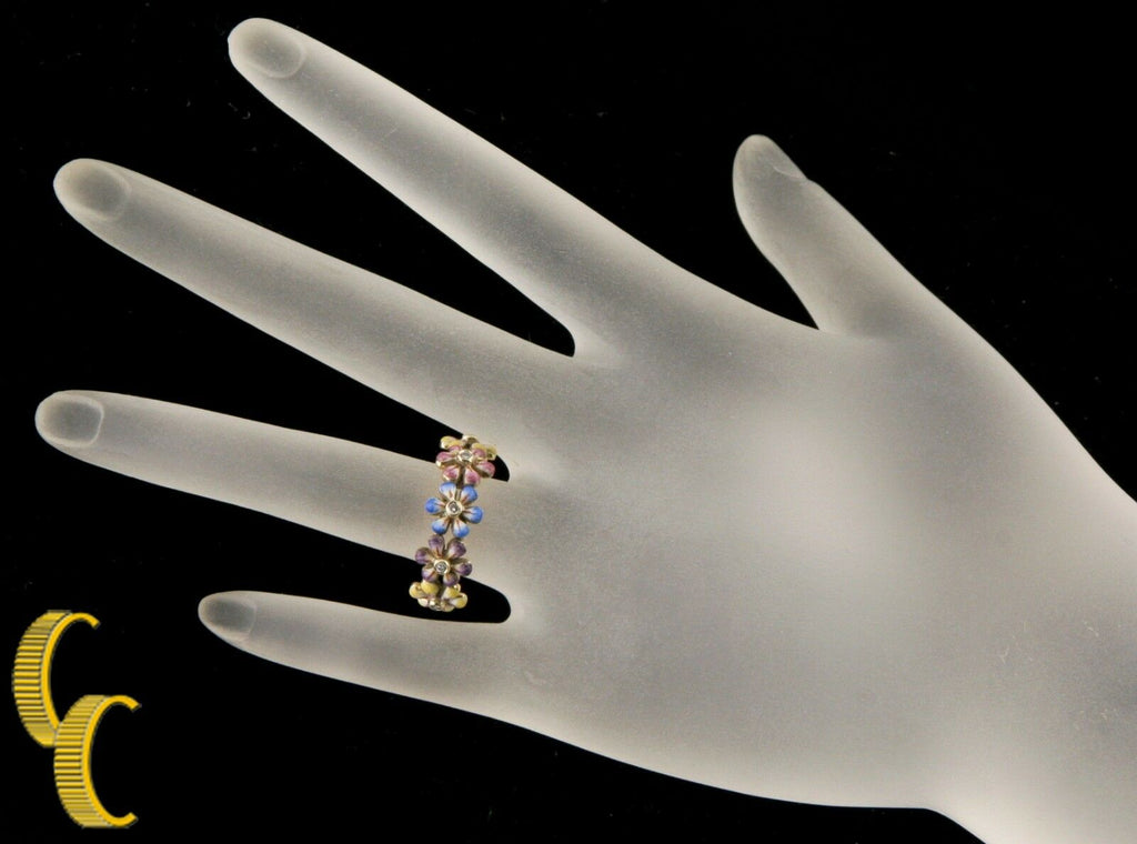 SJS Daisy Diamond 14k Yellow Gold & Hand-Painted Enamel Ring Size 6