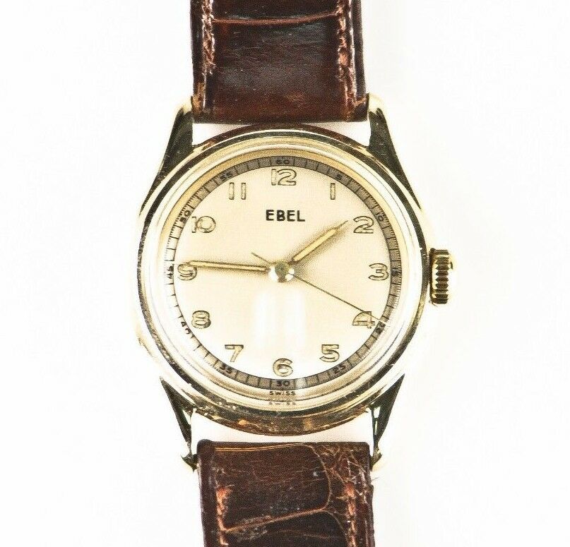 14k Yellow Gold Vintage Ebel Hand-Winding Watch Brown Leather Band Round Dial