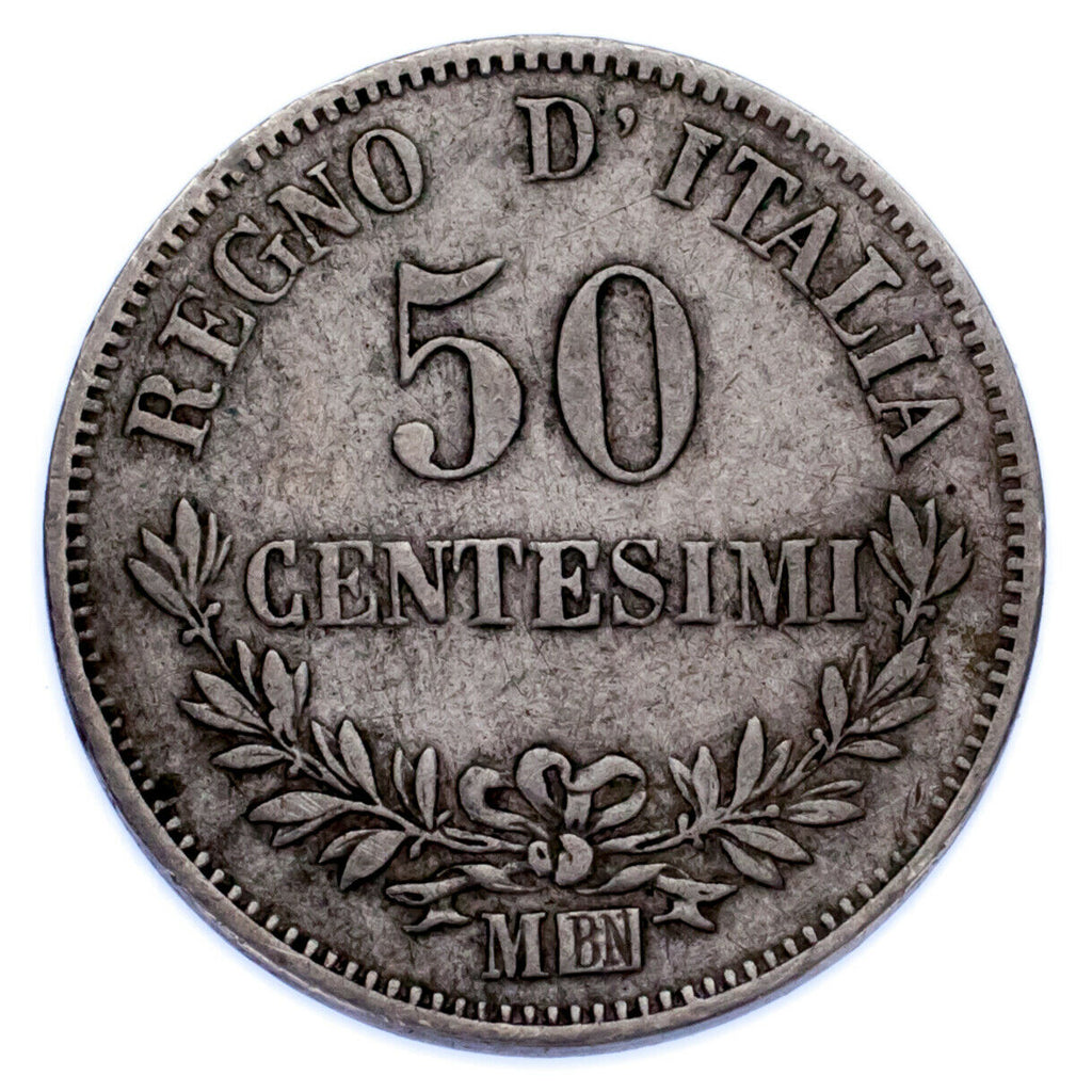 1866 Italy 50 Centesimi Coin (VF Condition) KM 14.1