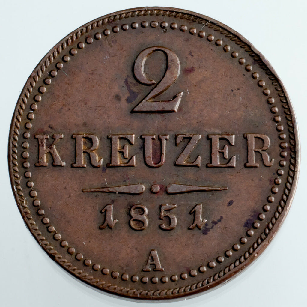 1851-A Austria 2 Kreuzer Copper Coin XF Condition KM #2189