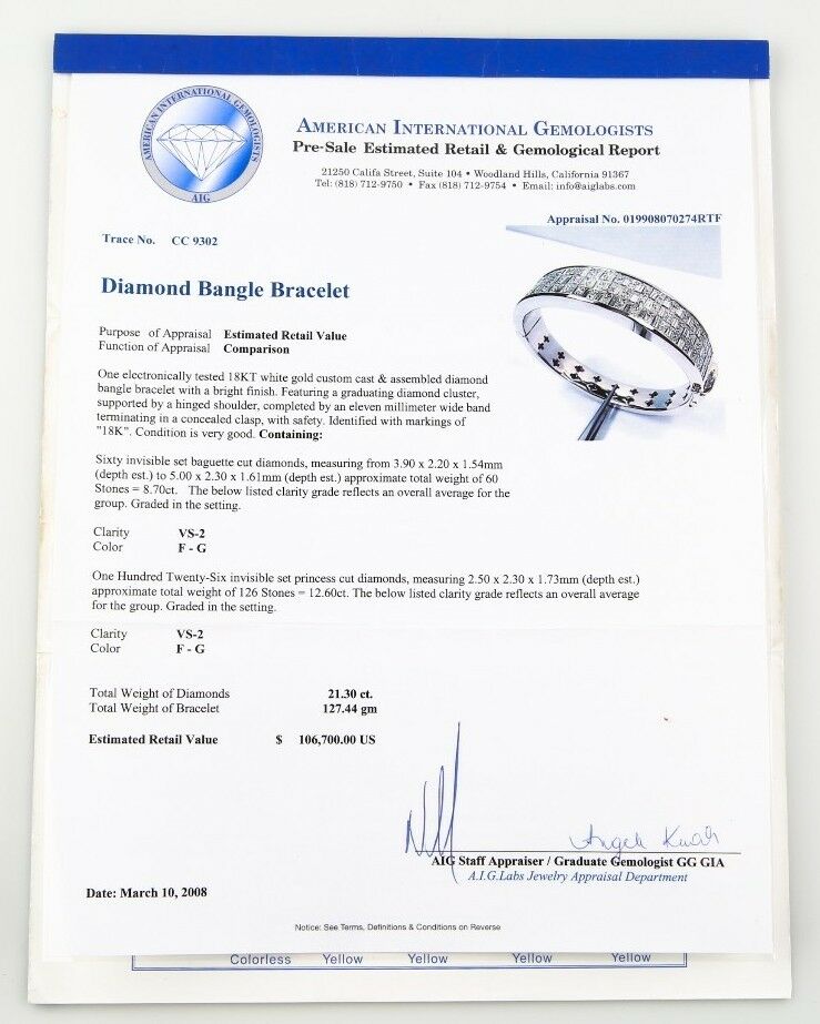 21.30 carat Diamond Invisibly Set Bangle 18k White Gold Bracelet 7.25 inches