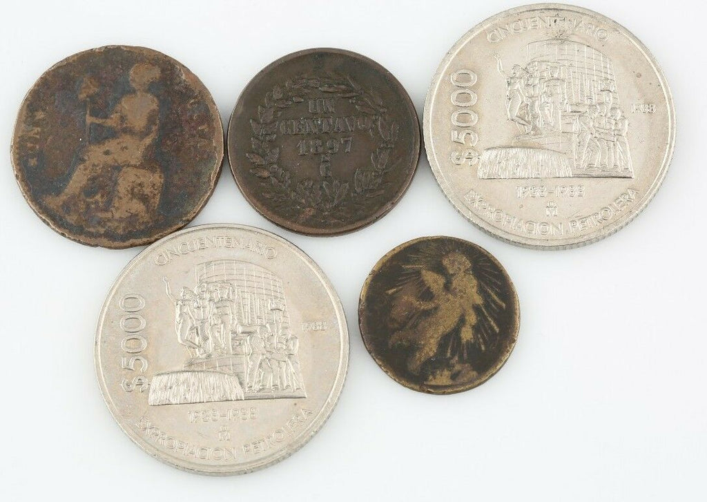 Mexico Mexican Coins 1833 1/8 & 1858 1/4 Real 1897 1 Centavo 1988 5000 Pesos