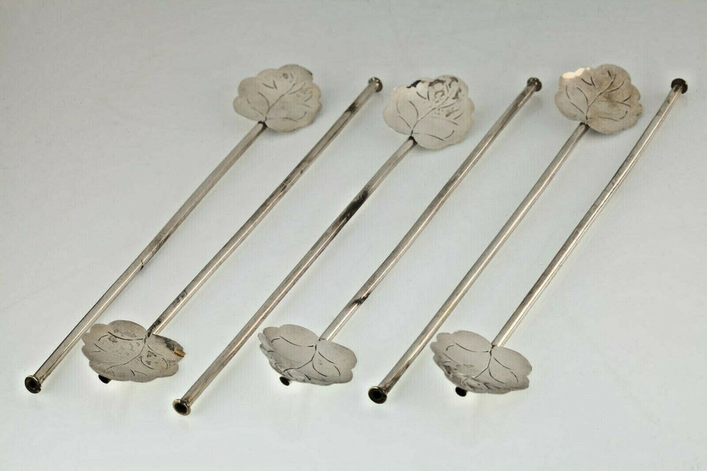 Mexico Taxco Sterling Silver Ice Tea Sipper Straw Spoon Lot of 6, 8" Long