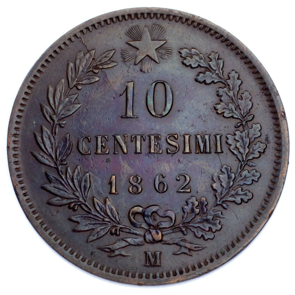 1862 Italy 10 Centesimi Coin in XF, KM# 11.1