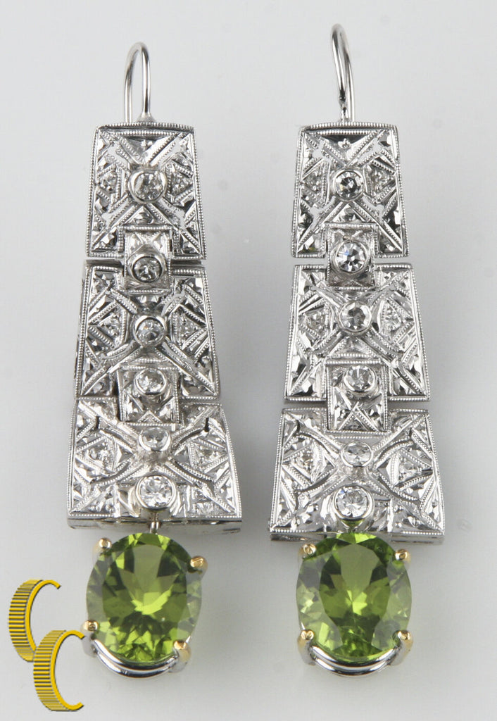 14k White Gold Dangle Earrings with Round Cut Diamonds & Oval Green Peridot Gift