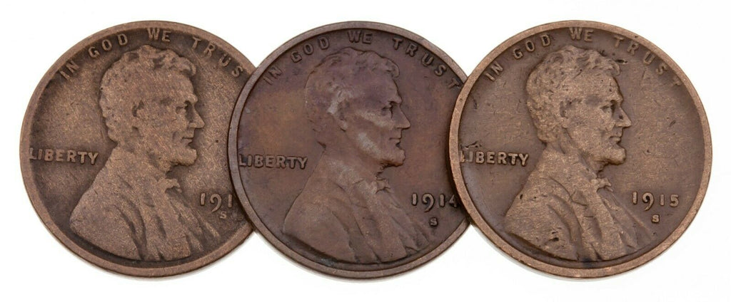 Lot of 3 Lincoln Cents (1911, 1914, 1915)-S in VG to Fine Condition, Brown Color