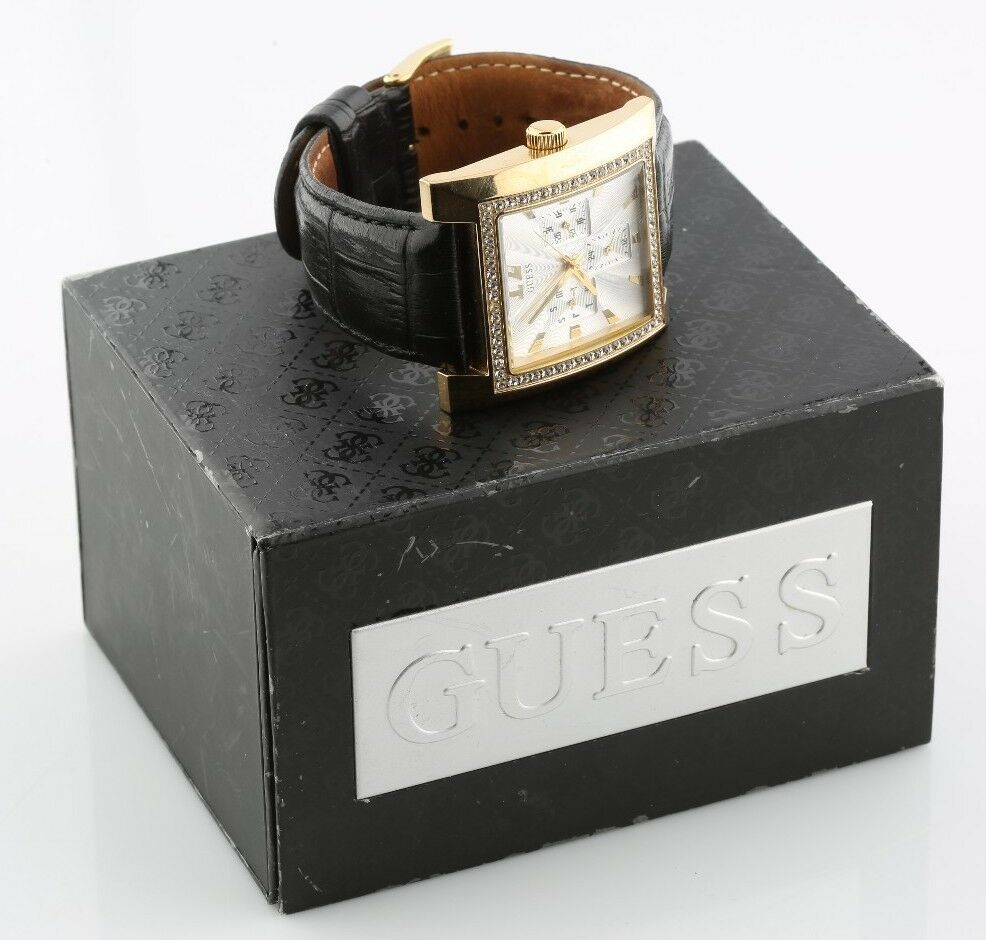 Women's Guess Stainless Steel Quartz Watch w/ Black Leather Band w/ Box & Papers