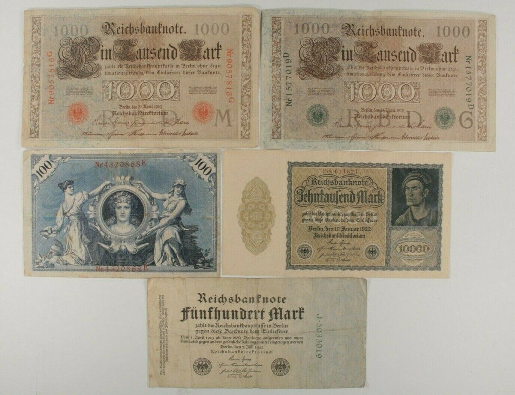 1908-1922 Germany 5-Note Currency Set // German Empire & Weimar Republic Marks